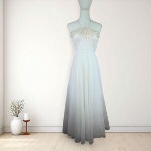Y2K vintage Nadine ivory beaded halter chiffon maxi gown bridal prom ethereal